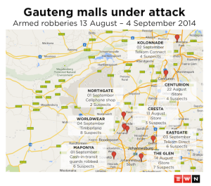 Map highlighting the mall robberies in Gauteng province, especially Johannesburg metropolitan area.